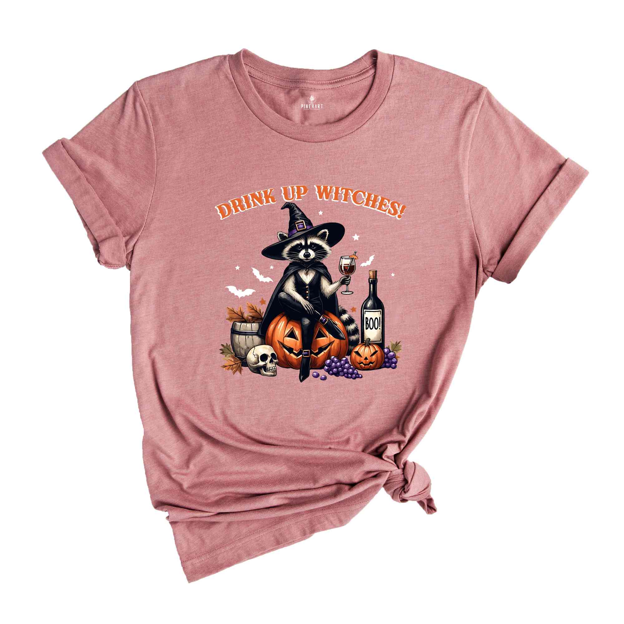 Drink Up Witches Raccoon Shirt, Funny Halloween T-Shirt, Retro Spooky Halloween Party Shirt, Witchy Raccoon Cocktail Pumpkin Skull Tee