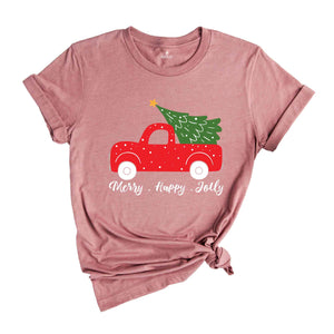 Merry Happy Jolly Shirt, Christmas Tree Shirt, Christmas Shirt, Winter Shirt, Christmas Gift, Cozy Christmas Shirt, Holiday Shirt, Truck Tee