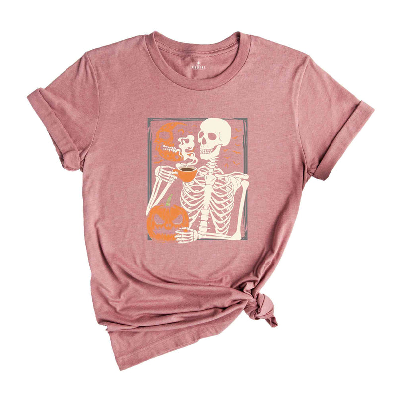 Skeleton Pumpkin T-Shirt, Coffee Lover Skeleton Shirt, Fall Coffee Shirt, Retro Halloween Shirt, Halloween Gifts For Coffee Lovers