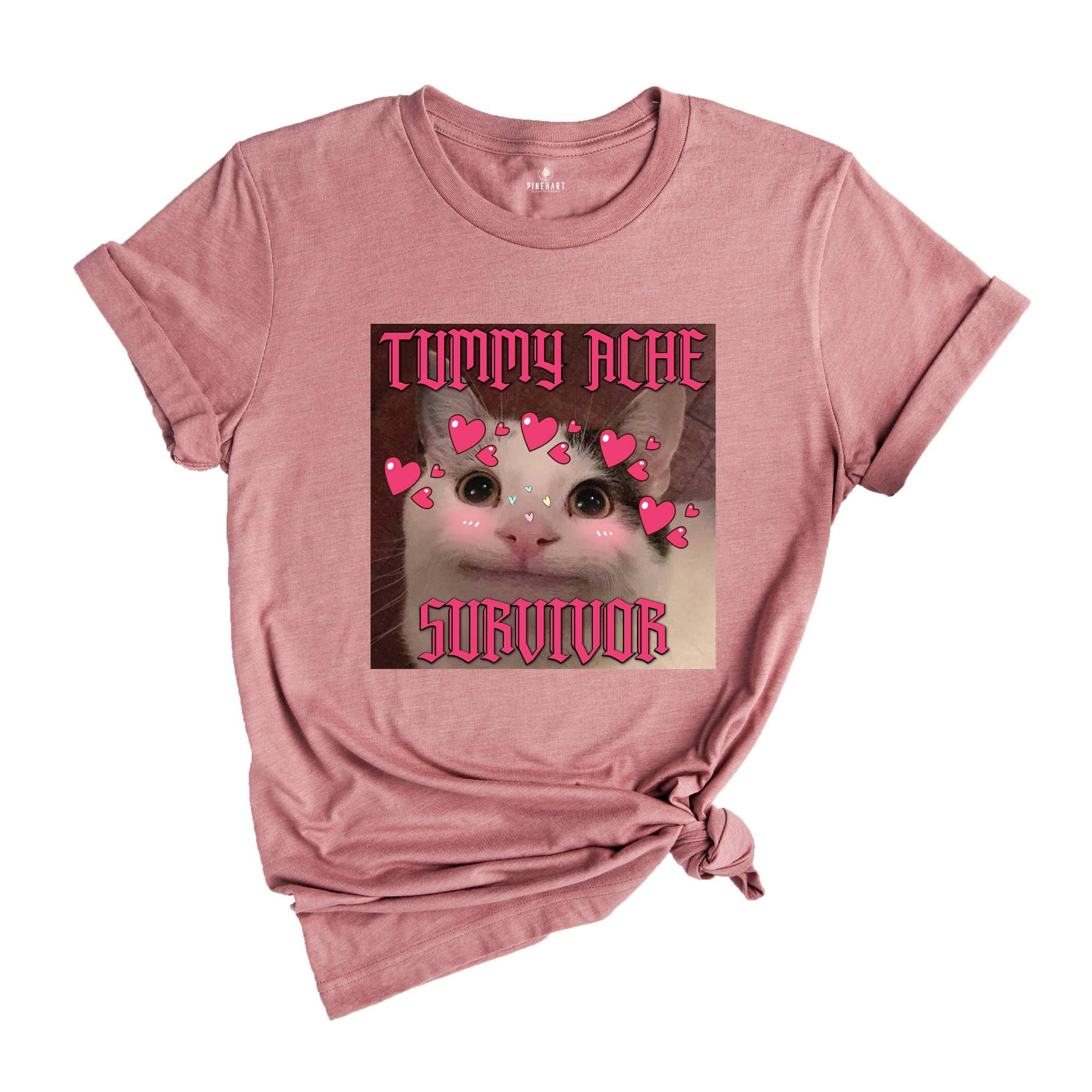 Tummy Ache Survivor Funny Cat Meme T-shirt, Goofy Ahh Cats Tee , Trendy Summer Shirt, Ironic Cat T-shirt, Silly Stupid Cat Shirt