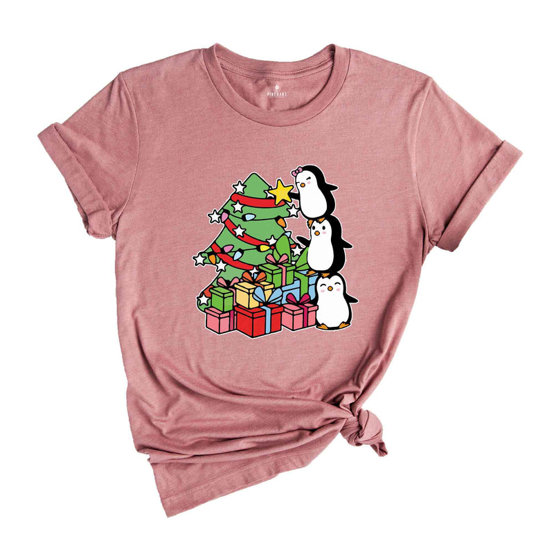 Christmas Tree Penguin Shirt, Cute Christmas Tee, Christmas Gift, Penguin In Santa Hat, Cute Penguin T-Shirt, Christmas Tree Tee