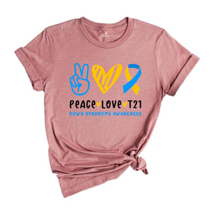 Peace Love T21 Down Syndrome Awareness Shirt, Support Shirt, Blue Yellow Ribbon, Extra Chromosome Shirt, Down Syndrome Shirt