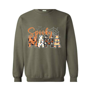 Custom Halloween Spooky Mama Sweatshirt with Kids Name on Sleeve Sweatshirt, Mama Halloween Gift, Mama Halloween