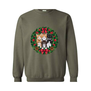 Retro Christmas Cat Wreath Sweatshirt, Vintage Holiday Sweater, Christmas Cats Sweatshirt, Cat Mom Christmas Sweater