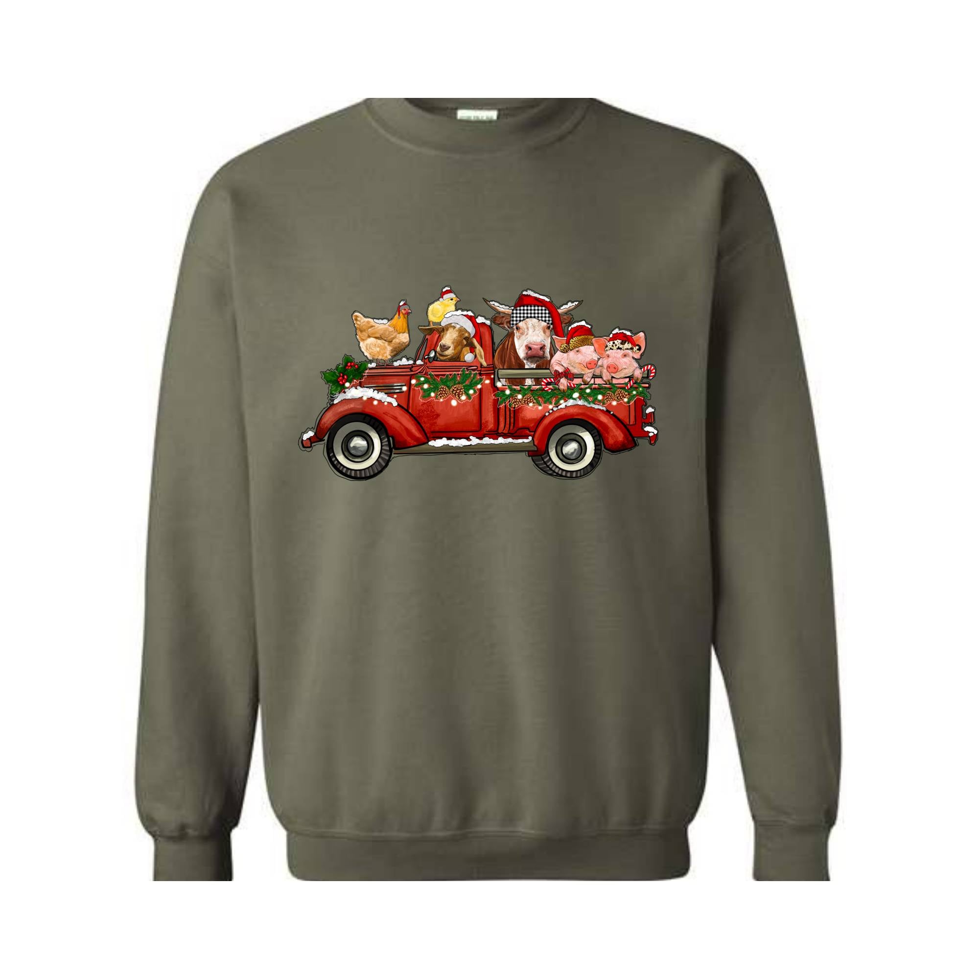 Farm Animals Christmas Truck Sweatshirt, Gifts For Farm Animal Lovers, Truck Xmas Lights Sweat, Farmer Christmas Outfit