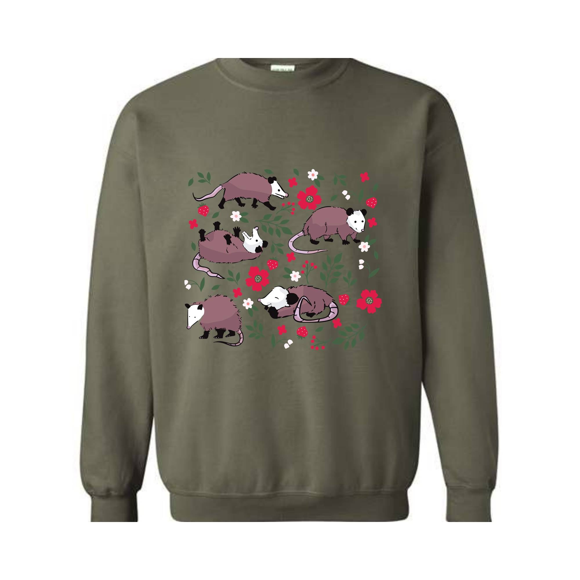 Opossum Sweatshirt, Possum Sweatshirt, Cute Possum Gifts, Floral Opossum, Strawberry Sweatshirt