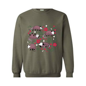 Opossum Sweatshirt, Possum Sweatshirt, Cute Possum Gifts, Floral Opossum, Strawberry Sweatshirt