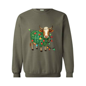 Cute Christmas Sweatshirt, Funny Christmas Cow Sweat, Christmas Lights Sweater, Cow Lover Xmas Gifts, Farm Christmas Sweatshirt