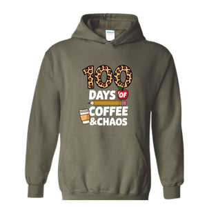 100 Days of Coffee and Chaos Hoodie, Funny Teacher Hoodie, Leopard 100th Day of School Celebration Hoodie, Teacher Life Hoodie