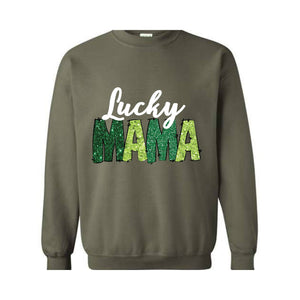 Custom Lucky Mama Sweatshirt, Custom Saint Patrick Sweatshirt, Mom Gift, Glitter St Patrick Hoodie, Personalized Clover Sweatshirt