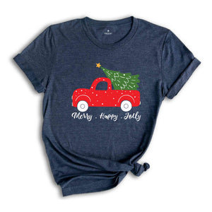 Merry Happy Jolly Shirt, Christmas Tree Shirt, Christmas Shirt, Winter Shirt, Christmas Gift, Cozy Christmas Shirt, Holiday Shirt, Truck Tee