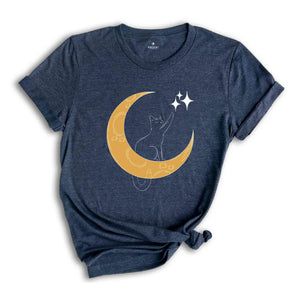 Cat With Moon, Cat With Stars, Cat T-shirt, Night Shirt, Cute Cat Shirt, Cute Shirt, Trendy Shirt, Happy Night T-shirt