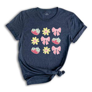 Summer Vibes Shirt, Floral Pink Bows Strawberry Shirt, Cute Summer Shirt, Summer Trendy Tee, Cottegecore Shirt