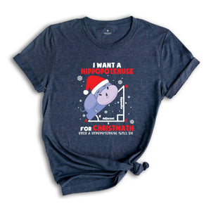 I Want A Hippopotenuse For Christmas T-Shirt, Funny Geometry Tee, Christmas Math Shirt, Christmas Math Teacher Gift