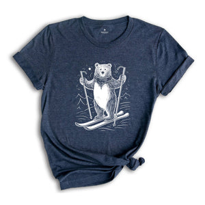 Bear on Snow Skis, Skiing Bear Tee, Winter Animal Tee, Ski Lover Gift, Bear Skiing T-shirt, Snow Ski Bear Tee, Winter Sports Tee, Bear Lover