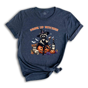 Drink Up Witches Raccoon Shirt, Funny Halloween T-Shirt, Retro Spooky Halloween Party Shirt, Witchy Raccoon Cocktail Pumpkin Skull Tee