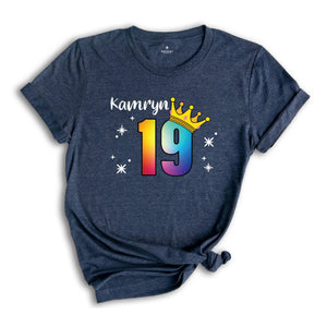 Personalized Names 19 Birthday Shirt, Crown 19th Birthday Shirt, Rainbow Birthday Shirt, Birthday Party Shirt, Toddler Birthday Shirt