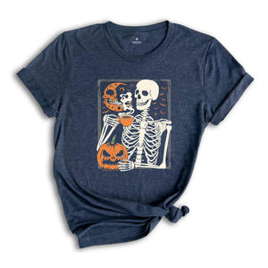 Skeleton Pumpkin T-Shirt, Coffee Lover Skeleton Shirt, Fall Coffee Shirt, Retro Halloween Shirt, Halloween Gifts For Coffee Lovers