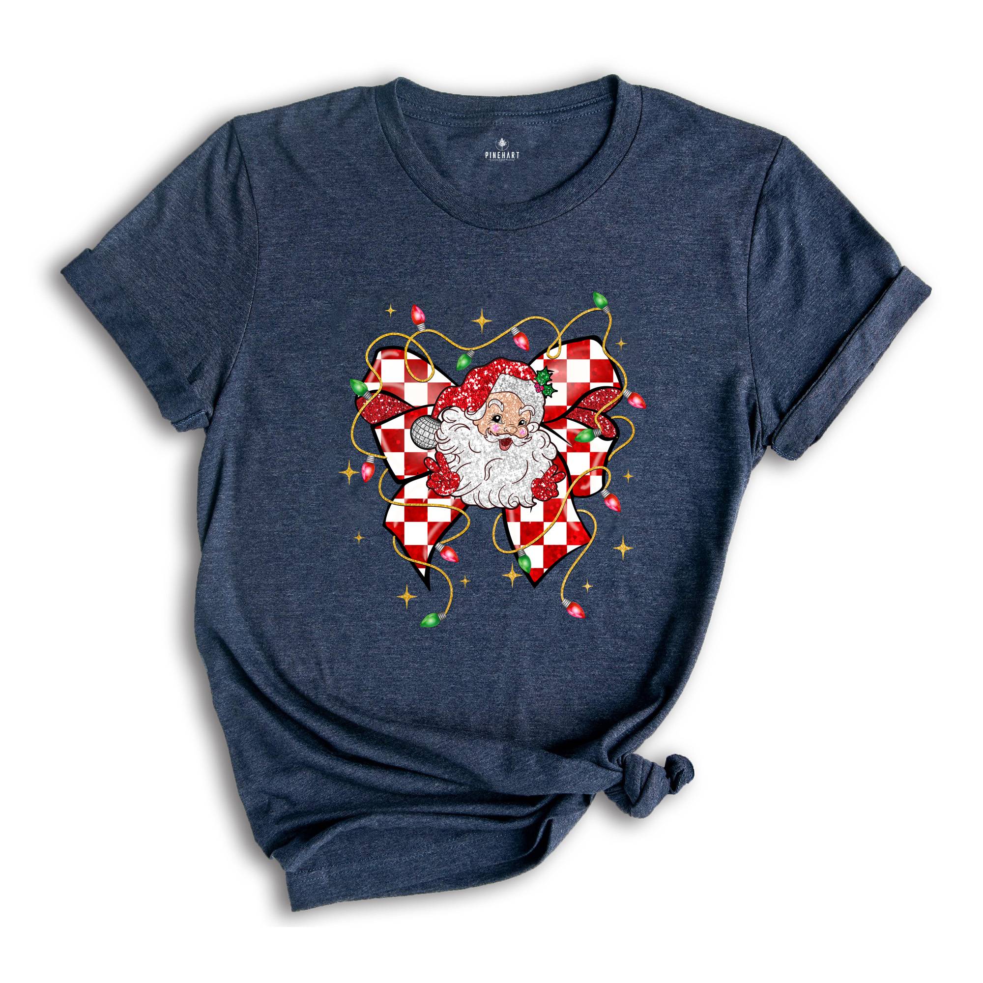 Christmas Coquette Bow Santa Shirt, Santa Christmas Shirt, Santa Claus Shirt, Christmas Lights Shirt, Cute Christmas Gift, Xmas Shirt