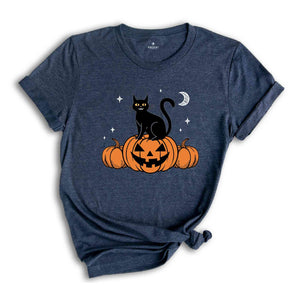 Black Cat on Pumpkin Shirt, Halloween Shirt, Fall Shirts, Spooky Season Shirt, Halloween Shirt, Black Cat Shirt