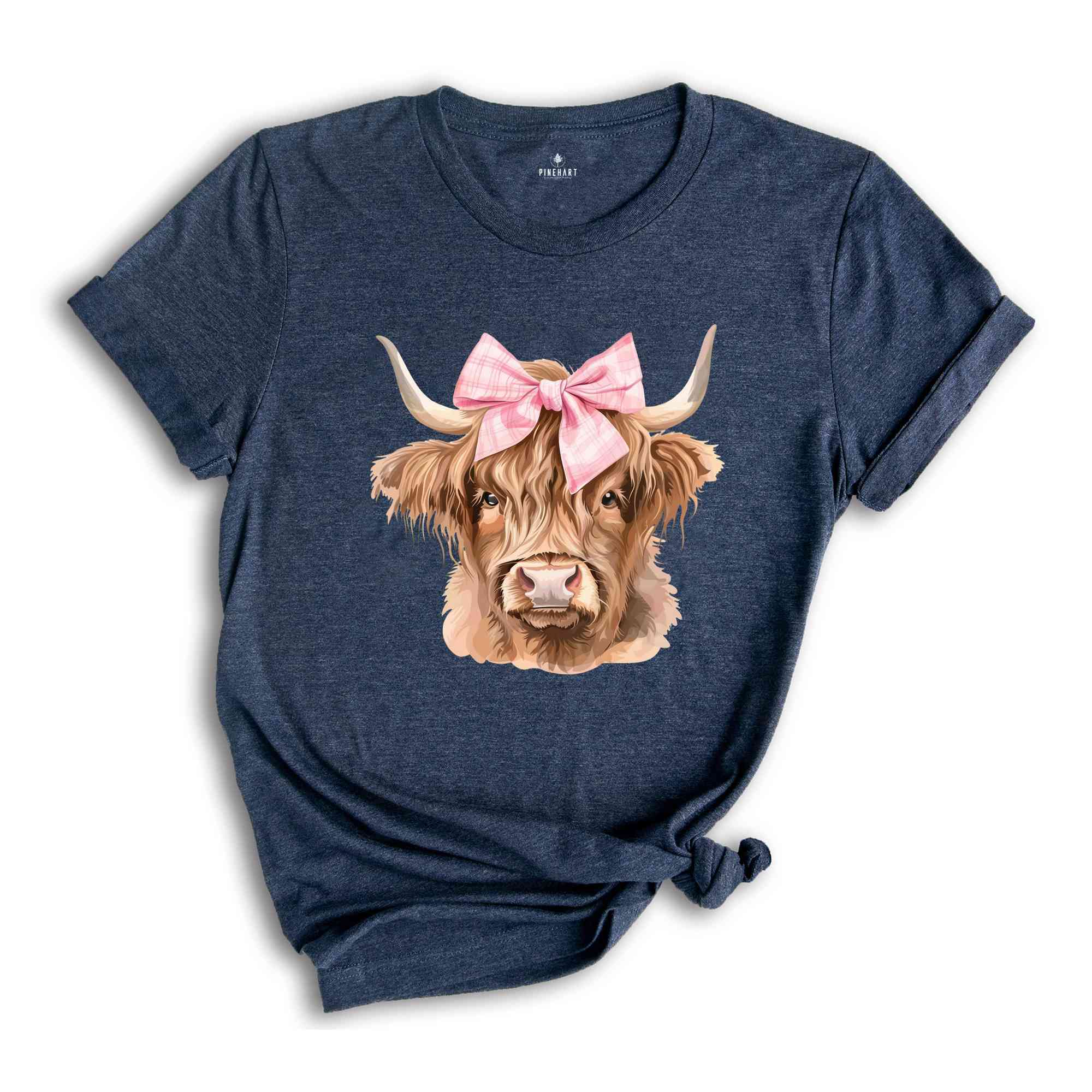 Pink Bow Cowgirl Highland Cow Heifer T-Shirt, Coquette Bow Highland Cow Shirt, Cowgirl Tee, Western Cow Shirt