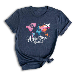 Adventure Awaits T-Shirt, Travel Gift, Vacation Shirt, World Map Shirt, Airplane Mode Shirt, Gifts For Traveler