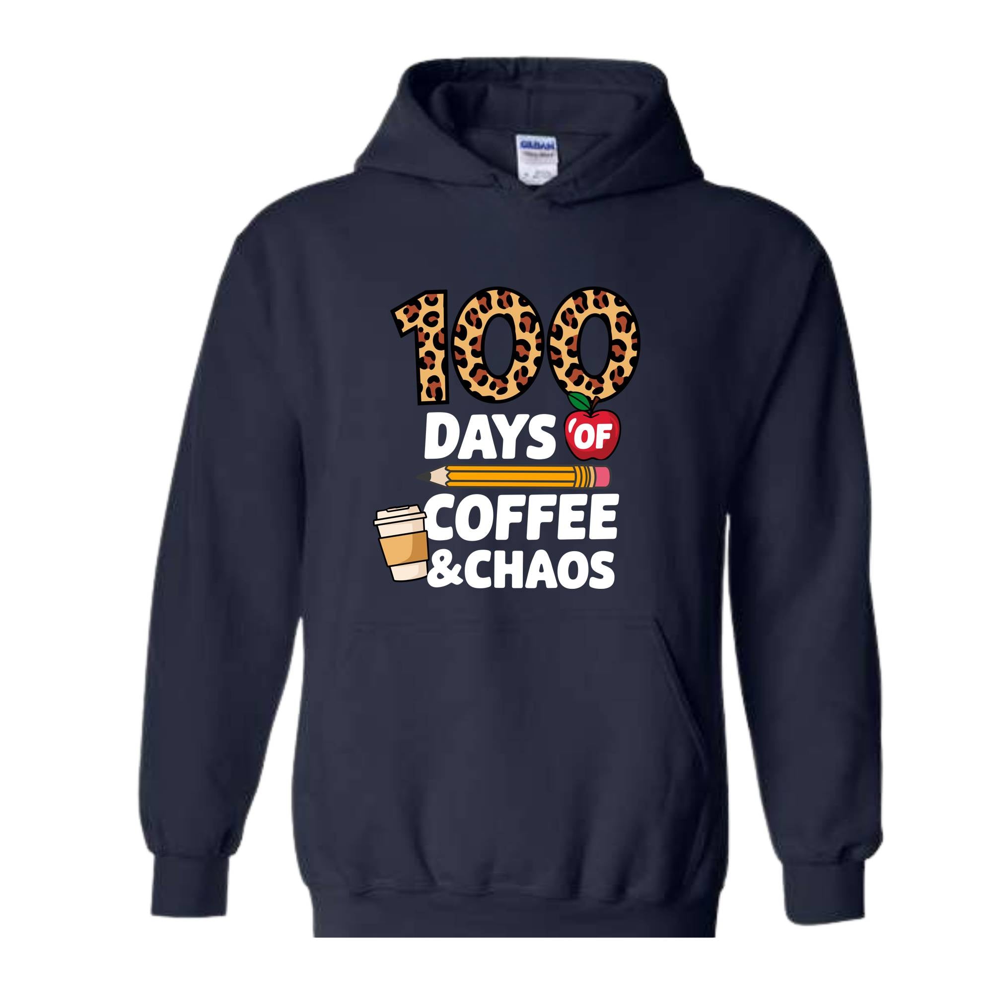 100 Days of Coffee and Chaos Hoodie, Funny Teacher Hoodie, Leopard 100th Day of School Celebration Hoodie, Teacher Life Hoodie