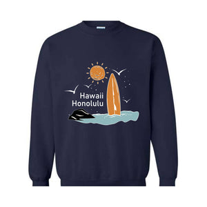 Hawaii Honolulu Sweatshirt, Beach Waves Sweatshirt, Surfing Hoodie, Sun Sweatshirt, Holiday Sweatshirt, Trendy Hawaii Sweatshirt