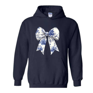 Blue Chinoiserie Bow Hoodie , Toile De Jouy Hoodie, Coquette Bow Blue Hoodie, Cute Mom Hoodie, Toile Blue Bow Hoodie