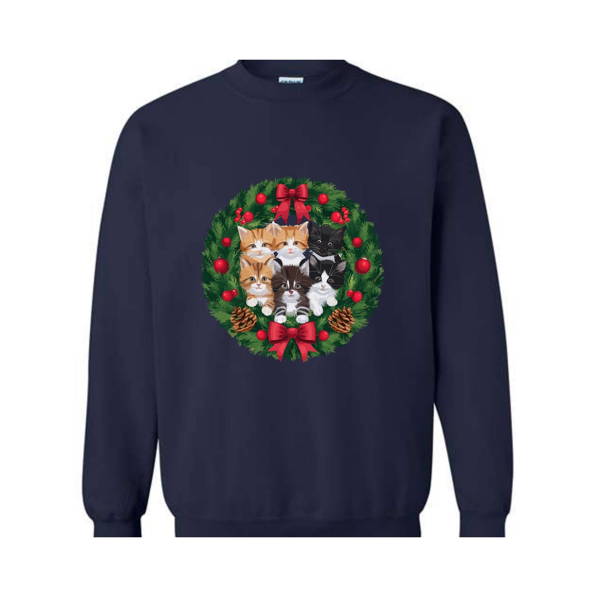 Retro Christmas Cat Wreath Sweatshirt, Vintage Holiday Sweater, Christmas Cats Sweatshirt, Cat Mom Christmas Sweater