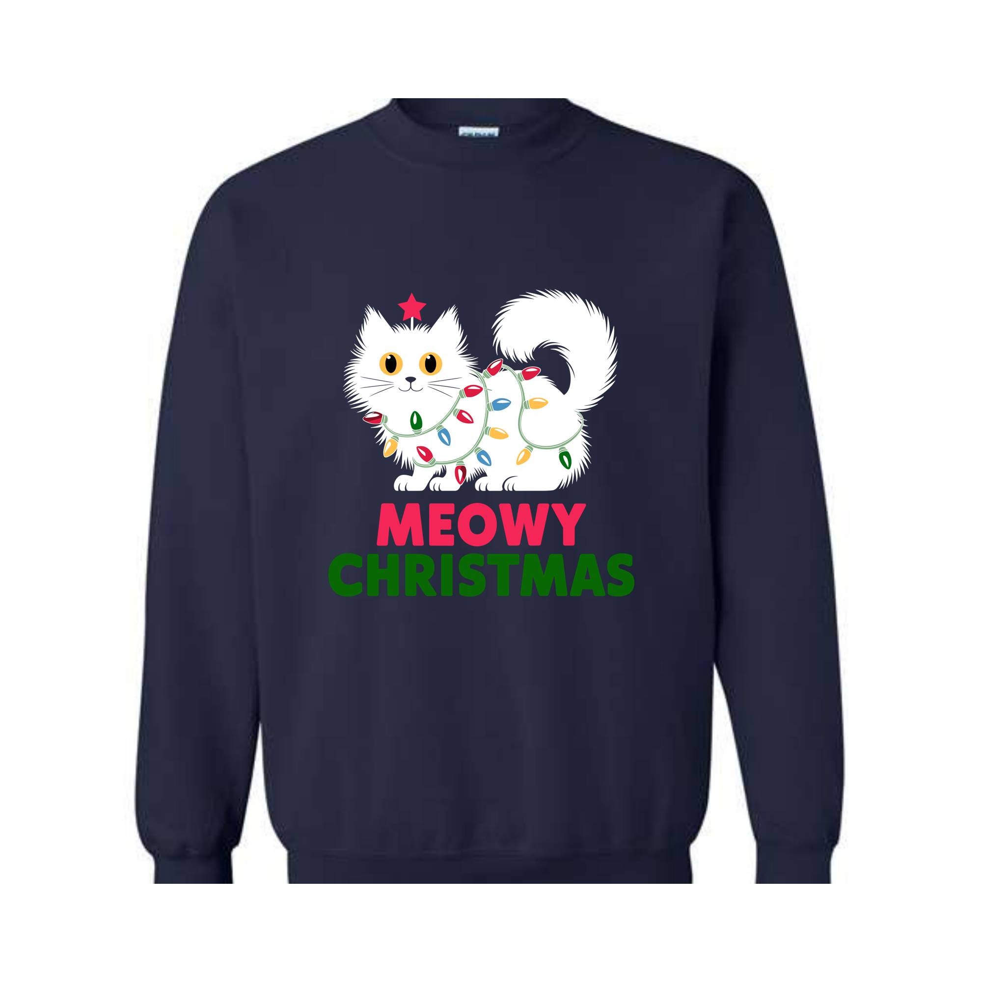 Meowy Christmas Cat Sweatshirt, Black Cat Christmas Hoodie, Cat Lover Tee, Cute Cat Hoodie, Christmas Lights Hoodie, Cat Lover Gift