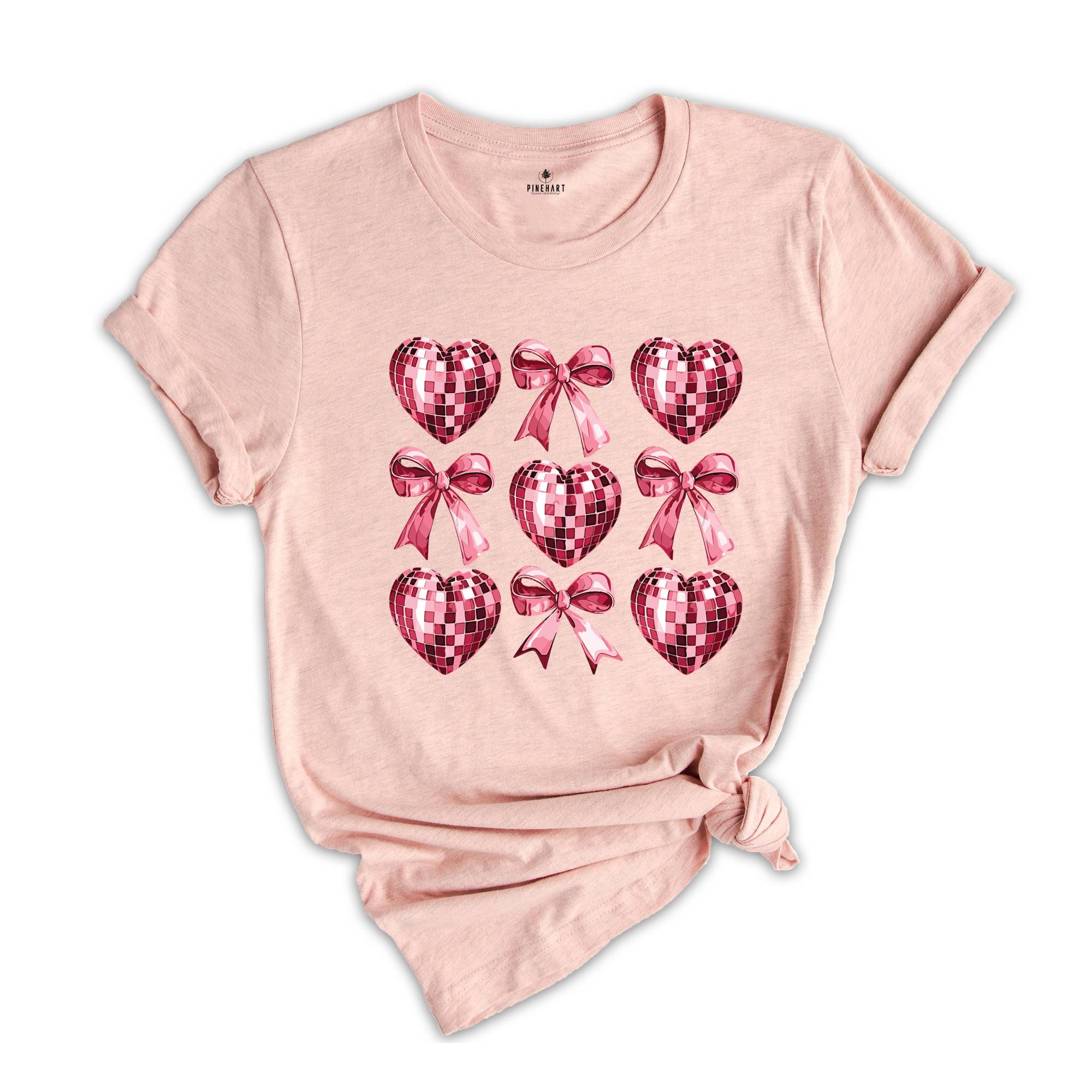 Disco Hearts and Bows Shirt, Bow Ties Valentine Shirt, Valentine Day Hoodie, Valentine's Day Shirt, Pink Bow and Hearts Shirt