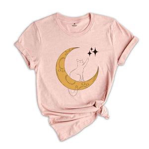 Cat With Moon, Cat With Stars, Cat T-shirt, Night Shirt, Cute Cat Shirt, Cute Shirt, Trendy Shirt, Happy Night T-shirt