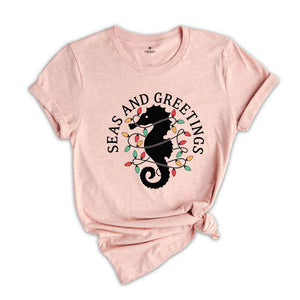 Seas and Greetings Shirt, Beach Christmas Shirt, Seahorse T-Shirt, Christmas Mermaid Shirt, Holiday Apparel, Ocean Shirt