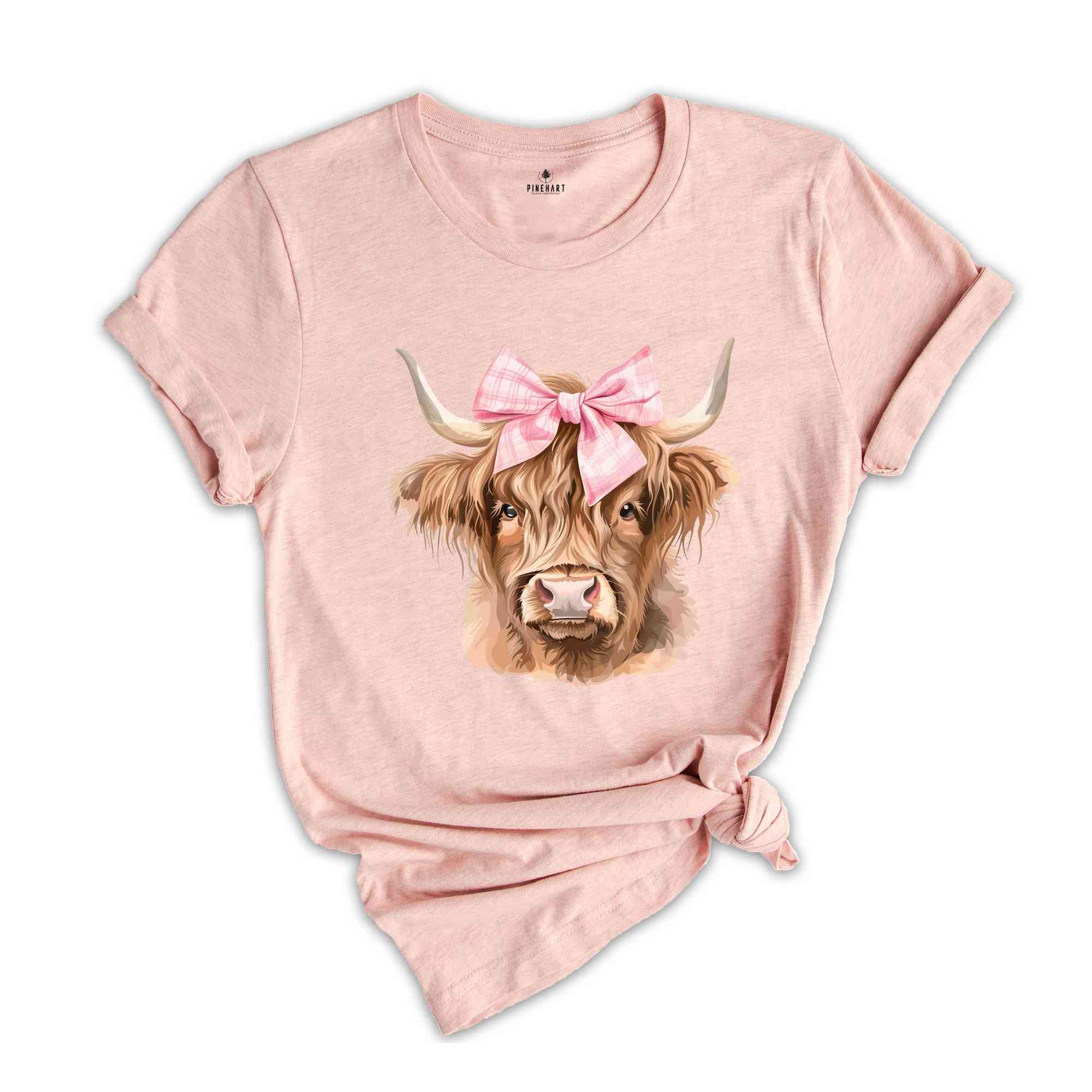 Pink Bow Cowgirl Highland Cow Heifer T-Shirt, Coquette Bow Highland Cow Shirt, Cowgirl Tee, Western Cow Shirt