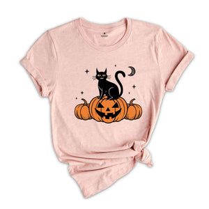 Black Cat on Pumpkin Shirt, Halloween Shirt, Fall Shirts, Spooky Season Shirt, Halloween Shirt, Black Cat Shirt