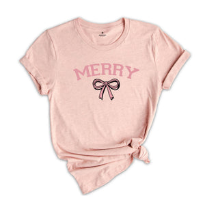 Merry Shirt, Merry Bow Shirt, Holiday Shirt, Gift for Mom, Preppy Christmas Shirt, Trendy Holiday Shirt, Christmas Tree Shirt