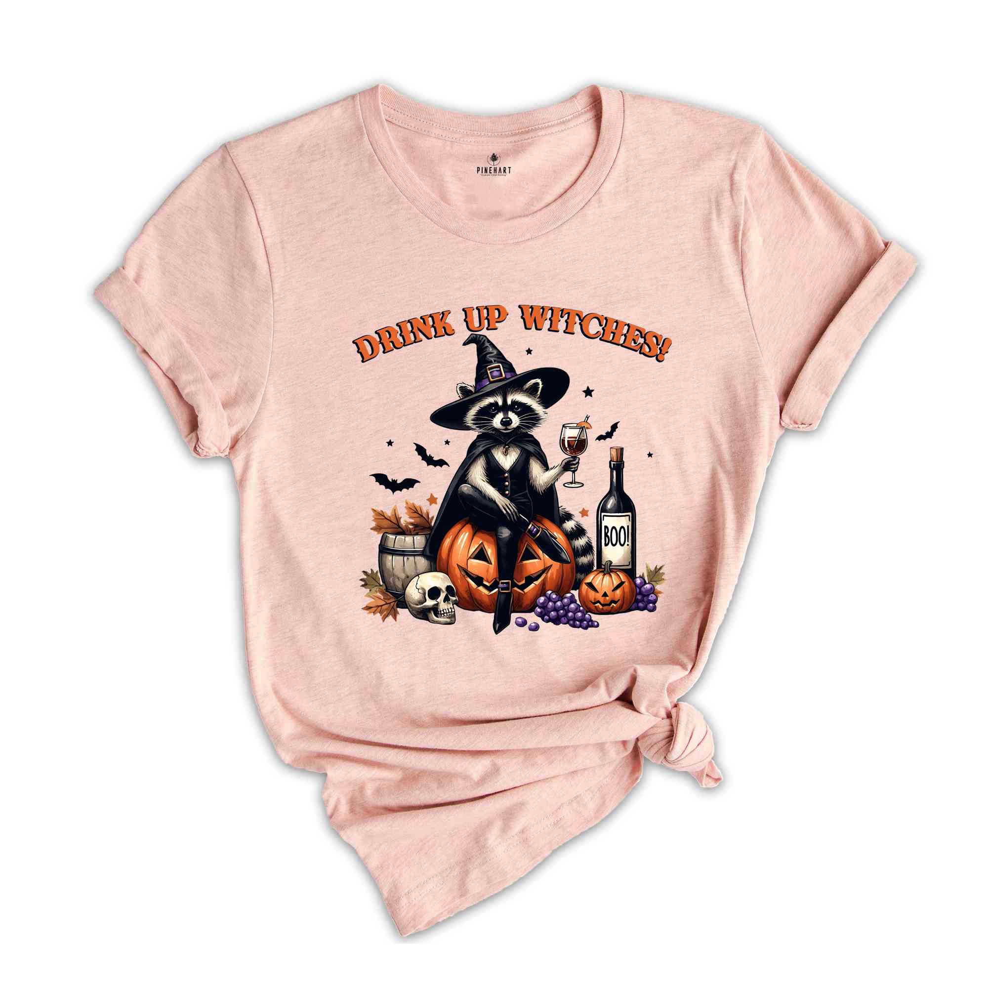 Drink Up Witches Raccoon Shirt, Funny Halloween T-Shirt, Retro Spooky Halloween Party Shirt, Witchy Raccoon Cocktail Pumpkin Skull Tee