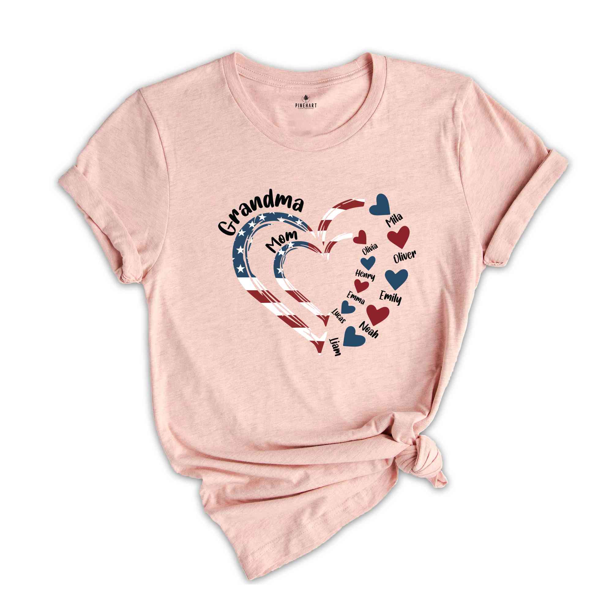 Custom Mom Grandma Heart T-Shirt, Custom 4th Of July Nana Shirt, Patriotic 4th of July Grandma Tee, 4th Of July Gifts