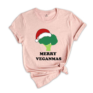 Merry Veganmas T-Shirt, Xmas Vegan Costume, Christmas Party Tee, Broccoli With Christmas Lights and Santa Hat Shirt, Christmas Gift