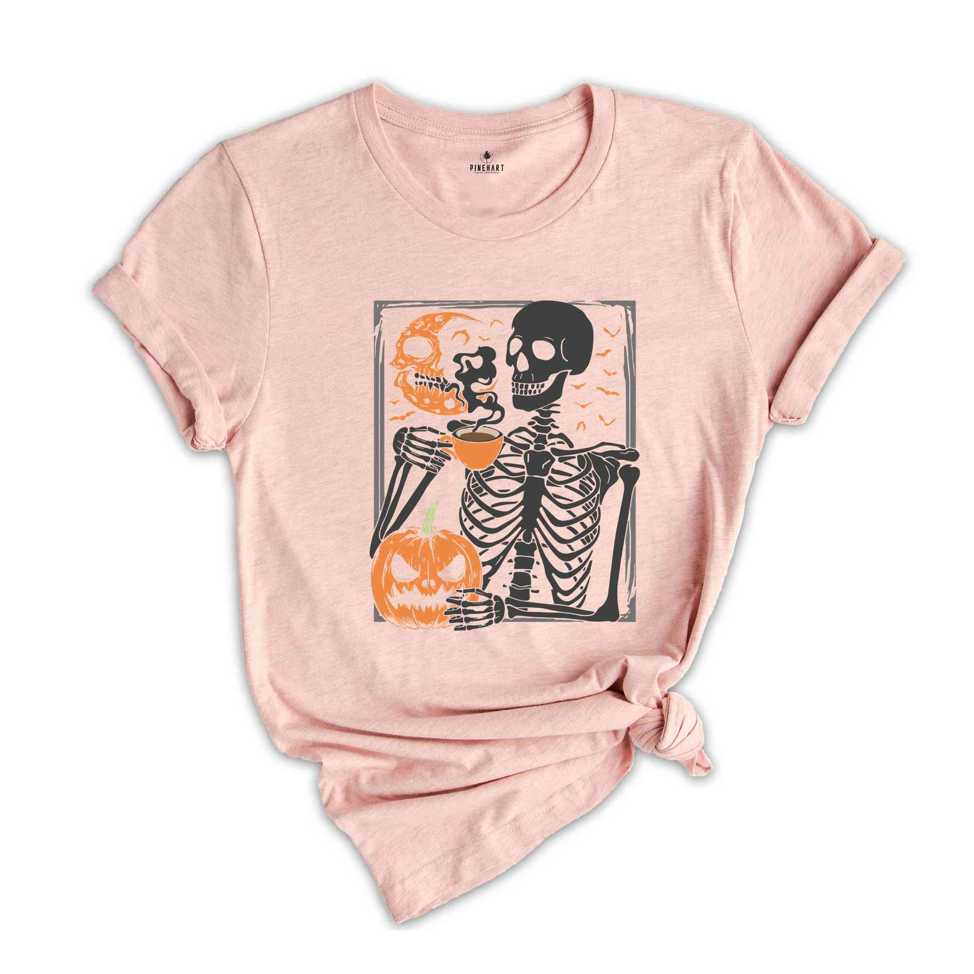 Skeleton Pumpkin T-Shirt, Coffee Lover Skeleton Shirt, Fall Coffee Shirt, Retro Halloween Shirt, Halloween Gifts For Coffee Lovers