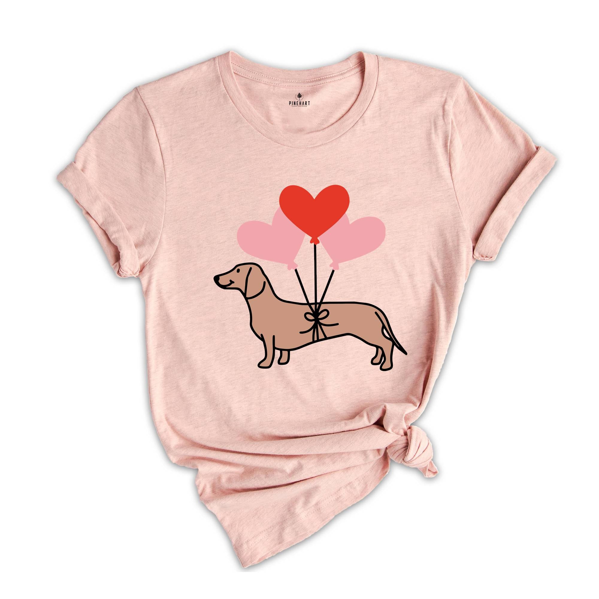 Cute Dachshund Shirt, Love Heart Balloon Tee, Happy Valentine's Day Gift, Dog Lover Tshirt, Valentine Dog Shirt