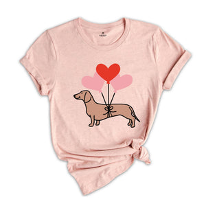 Cute Dachshund Shirt, Love Heart Balloon Tee, Happy Valentine's Day Gift, Dog Lover Tshirt, Valentine Dog Shirt