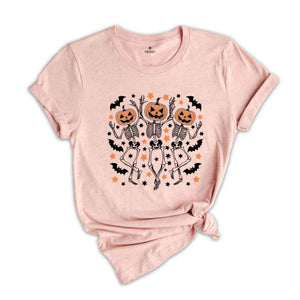 Dancing Skeleton Pumpkin Shirt, Retro Halloween Women's Shirt, Funny Fall Halloween Party TShirt, Spooky Season Skeleton Tee