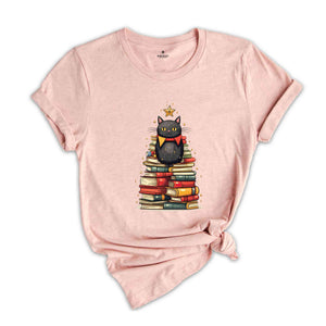 Christmas Cat Shirt, Book Tree Shirt, Cat Lover Shirt, Bookworm Shirt, Librarian Shirt, Christmas Gift, Christmas Party Shirt, Christmas Tee