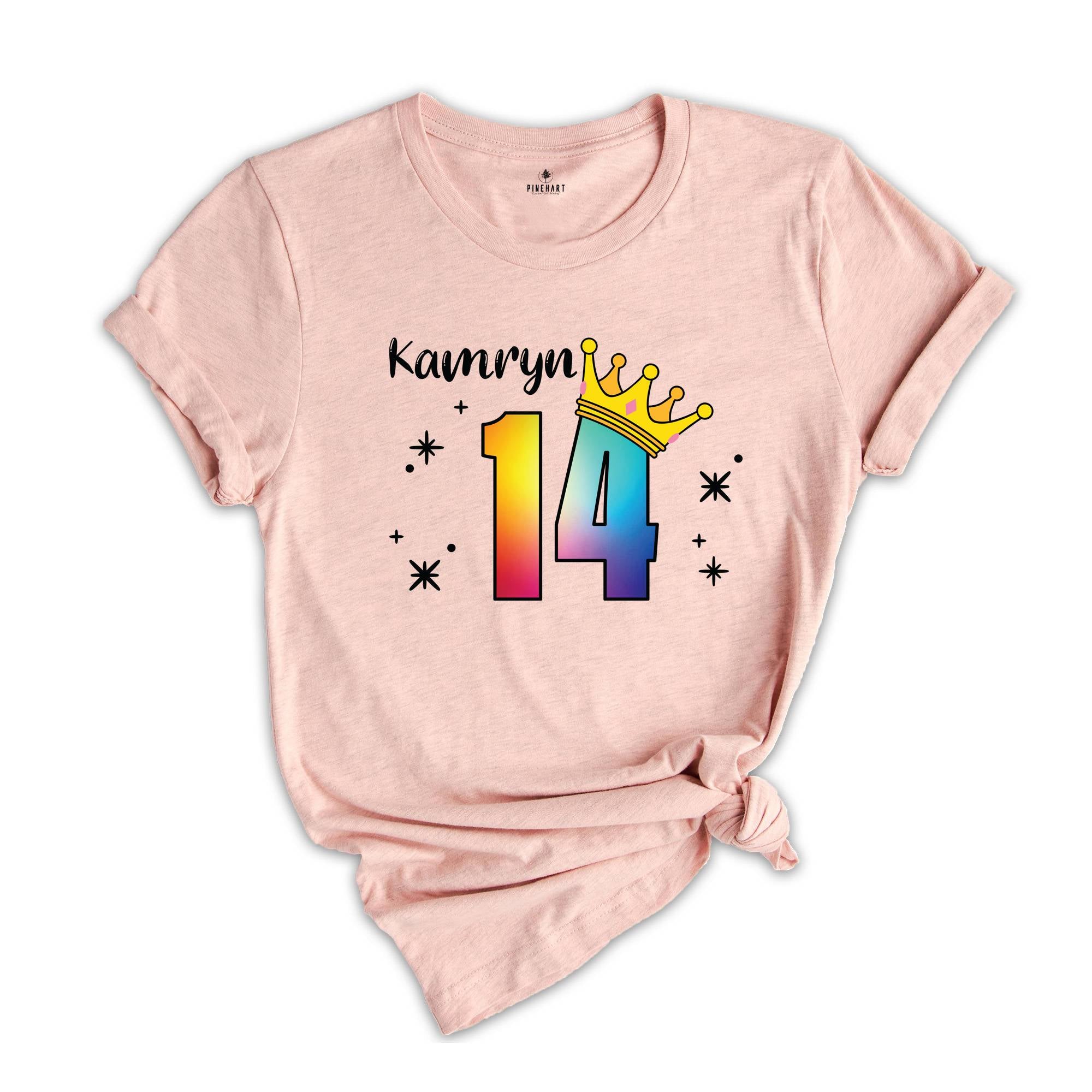 Personalized Names 14 Birthday Shirt, Crown 14th Birthday Shirt, Rainbow Birthday Shirt, Birthday Party Shirt, Toddler Birthday Shirt