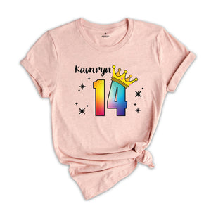 Personalized Names 14 Birthday Shirt, Crown 14th Birthday Shirt, Rainbow Birthday Shirt, Birthday Party Shirt, Toddler Birthday Shirt