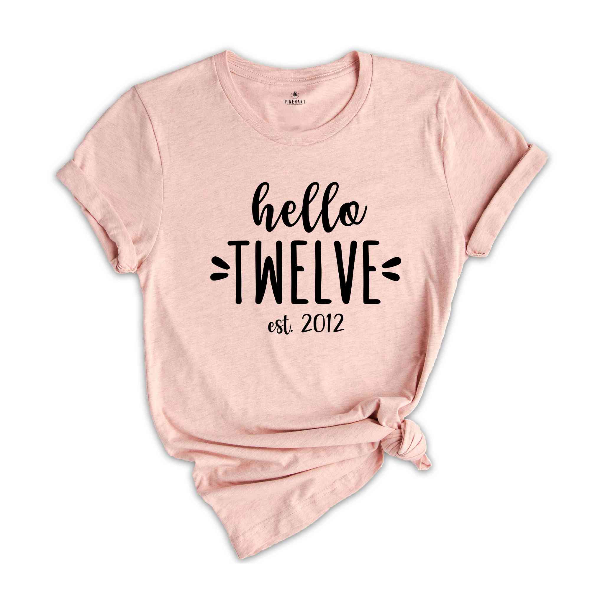 Hello Twelve Est 2012, Birthday Gift, Birthday Shirts, Kids Birthday, Twelve Birthday Gift, Girl Birthday Party, Twelve Years Shirt