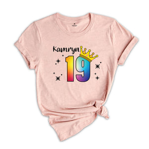 Personalized Names 19 Birthday Shirt, Crown 19th Birthday Shirt, Rainbow Birthday Shirt, Birthday Party Shirt, Toddler Birthday Shirt