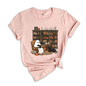 Halloween Library Shirt, Ghost Reading Book Shirt, Halloween Bookshelf Tee, Ghostly Bookish Shirt, Cute Ghost Book Gifts, Book Lover Hallowe